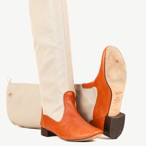 Repetto Beige & Cognac Canvas Leather Tall Boots - Picture 4 of 11